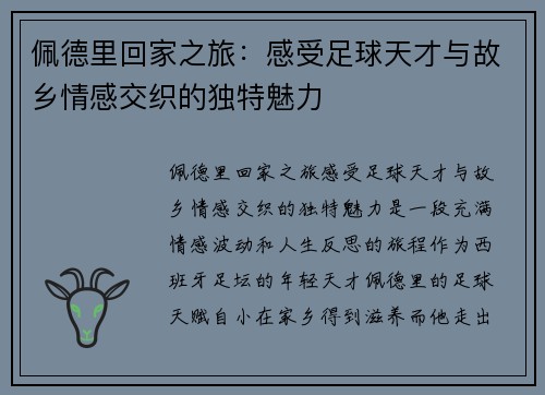 佩德里回家之旅：感受足球天才与故乡情感交织的独特魅力